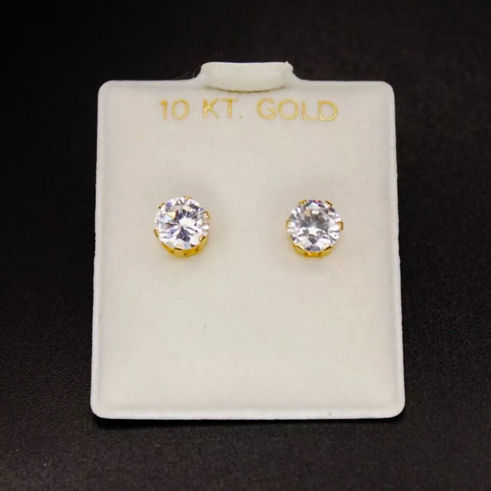 Vintage 10k Yellow SOLID Gold 6.5 mm Cubic Zirconia Stud Earrings Signed HAB